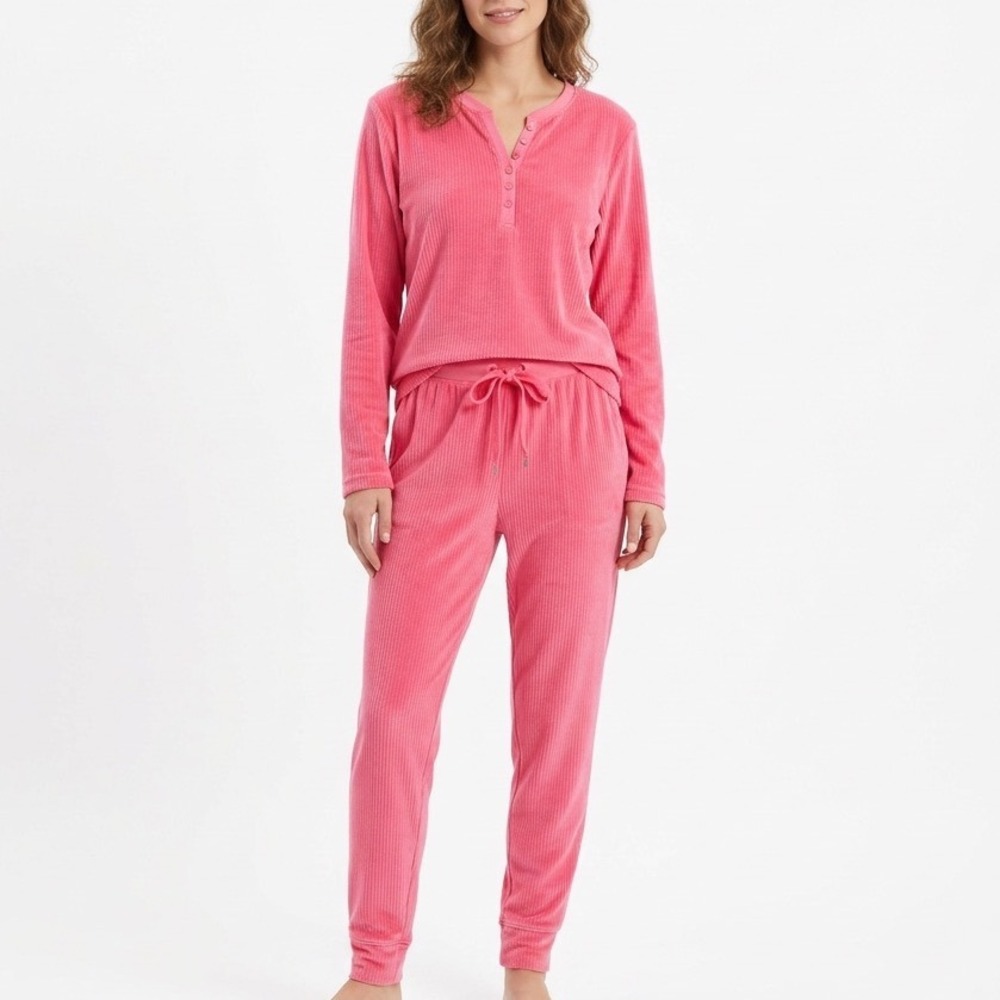 Roudelain 2-PC Pajamas Set Womens M Pink Stretch Fleece Sleepwear Henley Neck‎